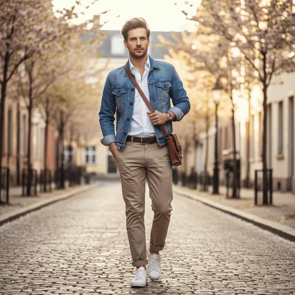 استایل لایهلایه مردانه بهاری با ترکیب ژاکت جین و پیراهن.